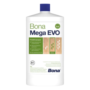 Bona Mega EVO 1L waterborne wood floor lacquer bottle for durable hardwood floor protection